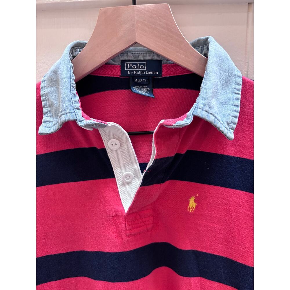 Ralph Lauren Striped Rugby Shirt, Coral & Navy Blue, Boys Size M 10-12